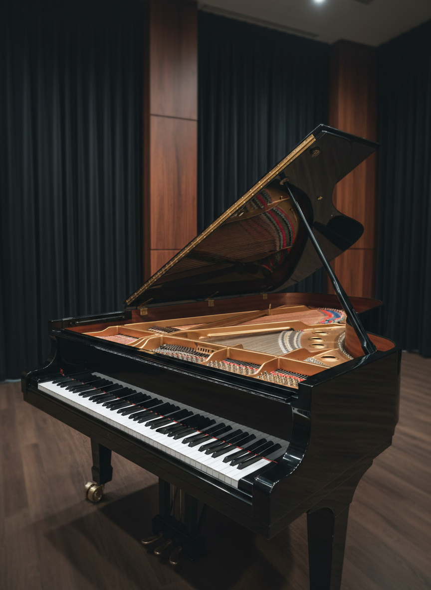 A polished black grand piano with its lid elegantly raised, showcasing gleaming strings and golden interior hardware, stands center stage in a refined rehearsal room. Behind it, floor-to-ceiling dark velvet curtains and a subtle backdrop of acoustic wood panels create a sophisticated theatrical ambiance. Soft, diffused studio lighting from above highlights the piano’s glossy curves and gently reflects along the lacquered surface, casting delicate shadows on the smooth wooden floor. Captured in photographic realism at eye level with a slight angle from the keyboard, the composition uses shallow depth of field so the keys are in sharp focus while the background softly blurs, conveying a sense of anticipation and the promise of musical dreams about to begin.