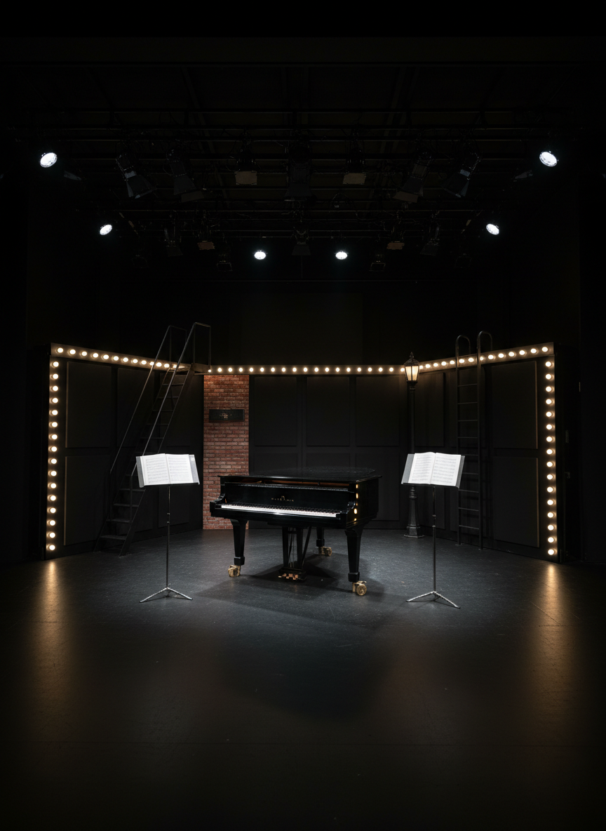A small, refined black box theatre set for a musical scene features a centrally placed glossy black rehearsal piano on discreet casters, flanked by two tall, slender music stands holding neatly arranged scores. The background shows modular black walls with subtle texture, a few minimal set pieces suggesting an urban street, and a hint of a marquee-style light border in warm white bulbs along the top edge. Overhead stage lighting creates a carefully controlled wash of soft, focused light over the piano and stands, while the surrounding space fades into gentle darkness. Captured in photographic realism from a mid-height, wide-angle view, the image balances clarity and depth, evoking a sophisticated, professional environment where students can imagine stepping directly into an Off-Broadway musical production.