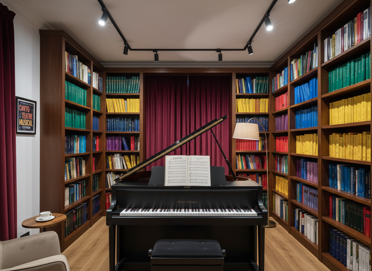 A refined teaching studio dedicated to musical theatre displays a sleek digital piano with a matte black finish, its music stand holding an open vocal score annotated in neat pencil. Surrounding the instrument, floor-to-ceiling custom bookshelves house neatly arranged scores, method books, and classic librettos in rich jewel-toned spines. A subtle stage-inspired backdrop with deep burgundy acoustic curtains frames the far wall. Soft, even overhead lighting combined with a gentle side lamp creates balanced illumination, reducing harsh shadows while adding a warm, inviting sheen to the keys. Shot in photographic realism from a wide, slightly elevated perspective, the composition keeps the entire room in sharp focus, conveying an organized, sophisticated environment designed for focused piano, canto i teatre musical education.