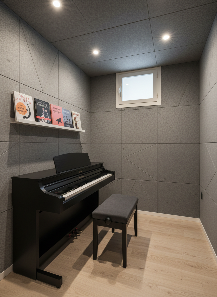 Inside a sound-treated vocal and piano practice room, a sleek, full-sized digital stage piano with textured, weighted keys rests on a streamlined stand, paired with a minimalist, cushioned bench in charcoal fabric. Surrounding the space, grey acoustic panels with subtle geometric patterns line the walls, and a discreet wall-mounted shelf holds carefully organized vocal warm-up books and musical theatre anthologies. A small, frosted glass window allows soft, diffused daylight to blend with warm recessed ceiling lights, creating a balanced, flattering illumination. Photographic realism, framed from an eye-level, slightly wide perspective, captures the entire room in crisp detail, conveying a serene, focused atmosphere. The composition feels modern, clean, and sophisticated, ideal for serious students pursuing their dream of mastering piano, canto i teatre musical in a professional yet welcoming environment.